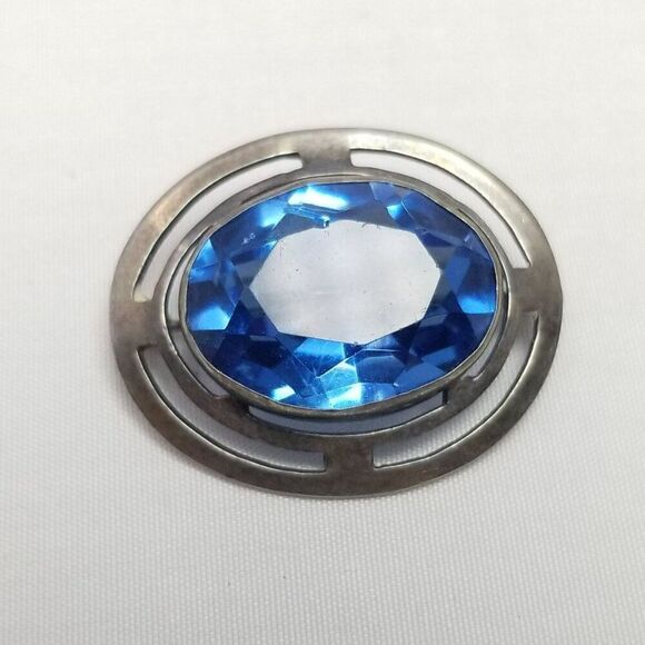 Vintage Art Nouveau Style Sterling Silver Blue Oval Rhinestone 1 Inch Brooch - Picture 2 of 7